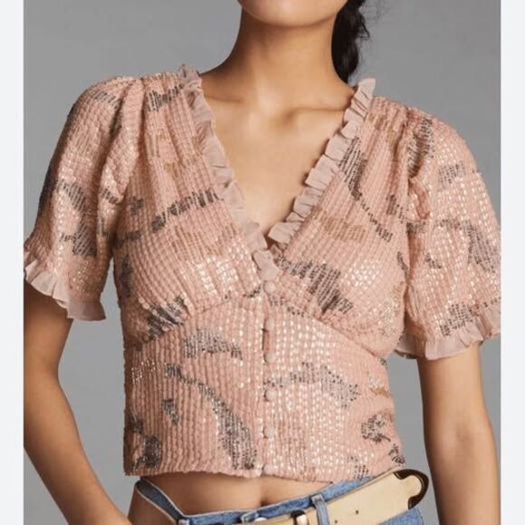 Anthropologie Tops - NWT Anthropologie Pink Sequin Ruffle Cropped Top. Sz 1X